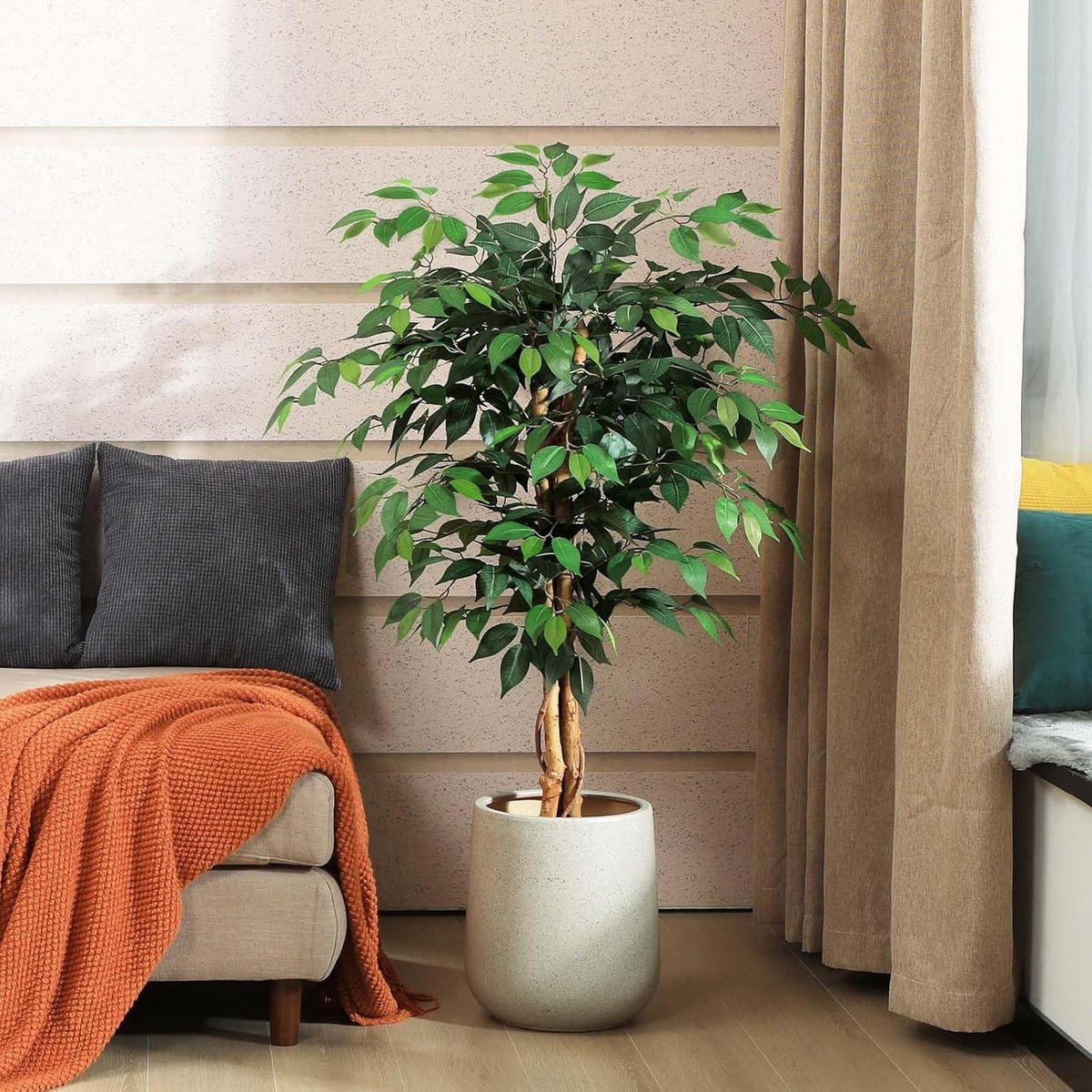 KUNSTPFLANZE Ficusbaum 120 cm Naturholz Stamm - Grün, Holz (87cm)