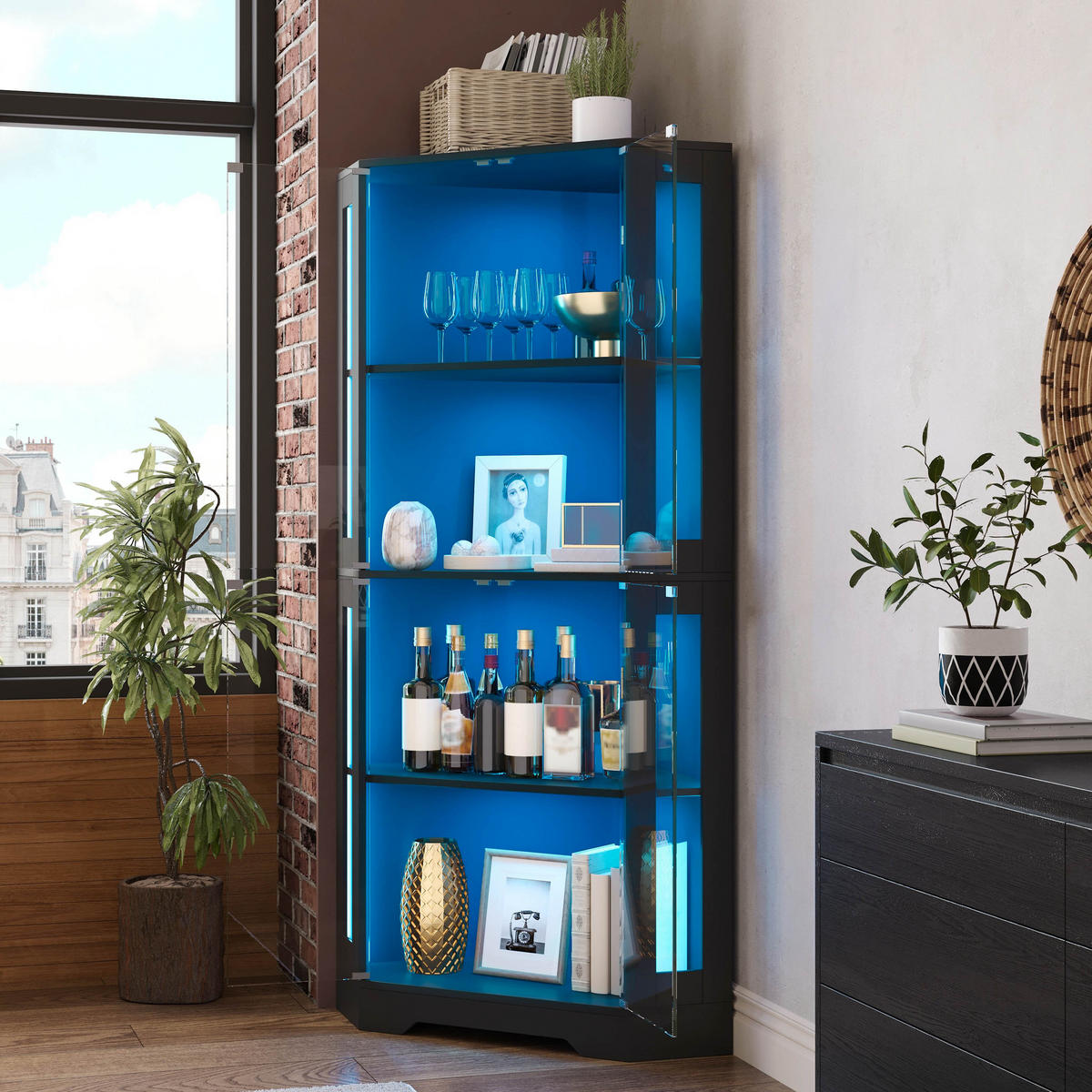 GESCHIRRSCHRANK 165 cm MDF Schwarz mit RGB-LED und Glastüren - Schwarz, Holzwerkstoff (40/165/40cm) - Korfee