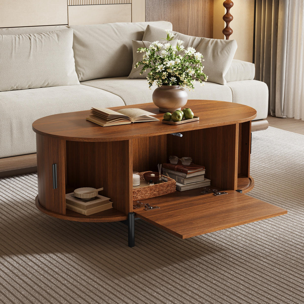 COUCHTISCH Oval Rattan Schiebetüren Metallbeine modern - Walnussfarben, Holzwerkstoff (100/50/40cm) - FLIEKS