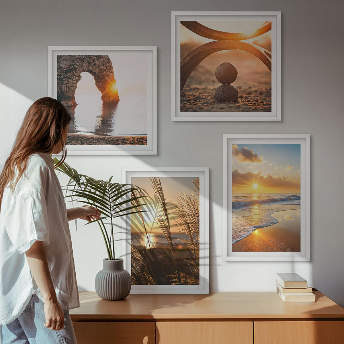 BILDER SET 4er Set - 50x50 cm & 40x60 cm Weißer Rahmen - Ruhige Landschaften am Strand der Sonne - Weiß, Kunststoff (50/50cm) - TULUP