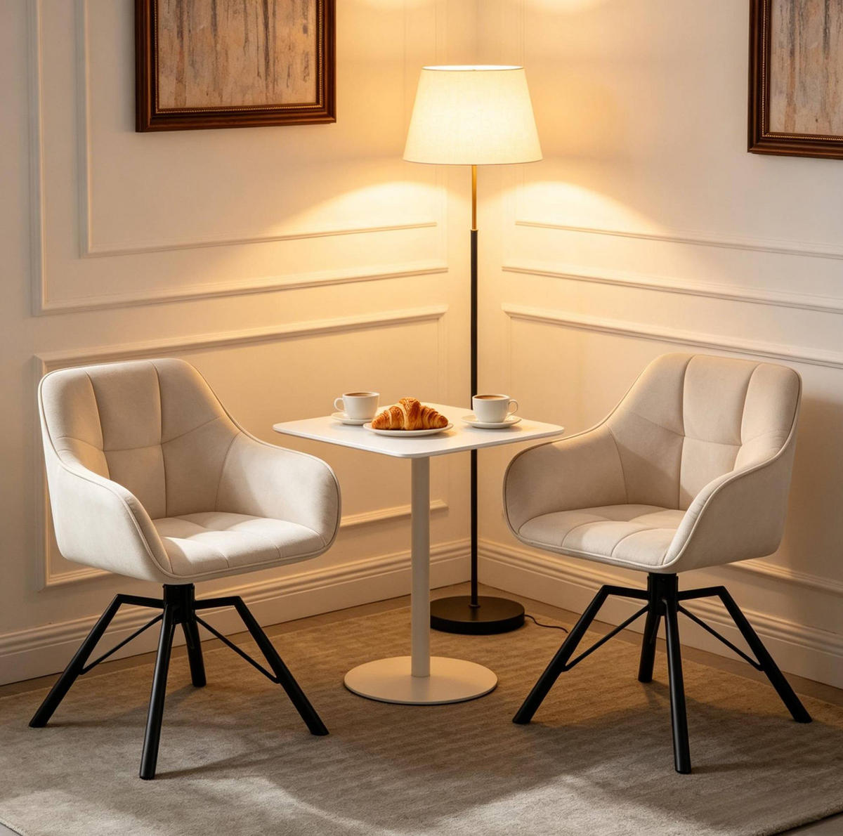 ESSSTUHL 2er-Set drehbar mit Armlehnen Samt Cream White - Weiß, Metall (54/82.5/57cm) - Meubliv