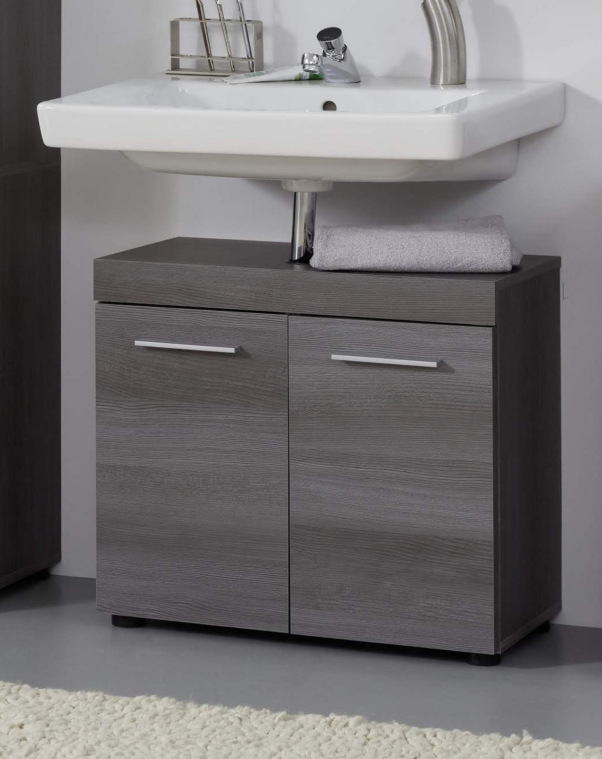 WASCHBECKENUNTERSCHRANK grau Rauchsilber 58 cm, Badschrank 2-türig - Silberfarben/Schwarz, Holzwerkstoff/Kunststoff (58/57/31cm) - Top.Furn