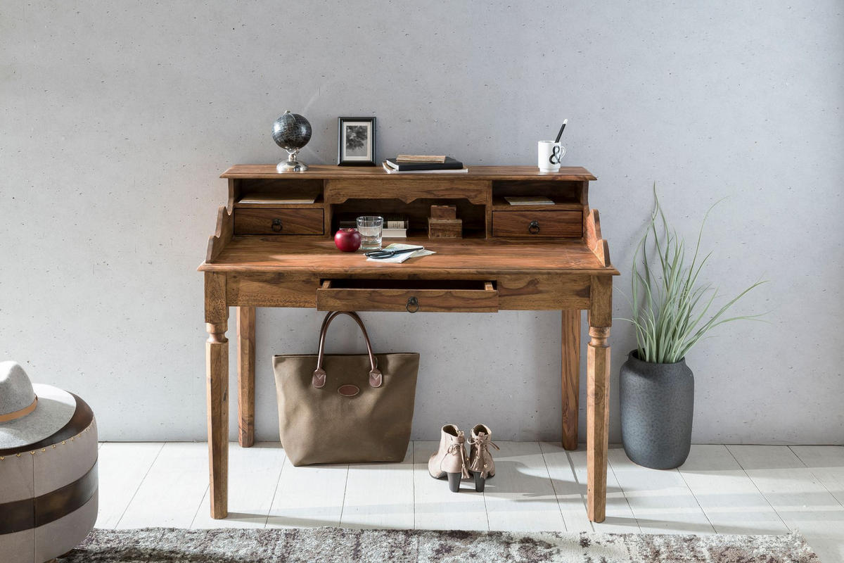 SCHREIBTISCH – Massivholz, 115 cm, Landhausstil, 3 Schubladen, Vintage-Optik - Braun, Holz (60/115/100cm) - KADIMA DESIGN