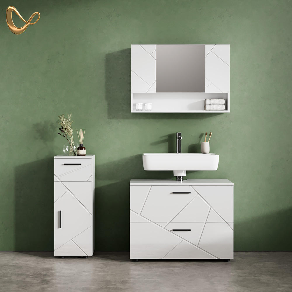 BADMÖBEL-SET Ronco Weiß Hochglanz 3 Teile, mit Schubladenschrank und Midischrank - Weiß Hochglanz/Weiß, Holzwerkstoff (41/80/58cm) - Livinity®