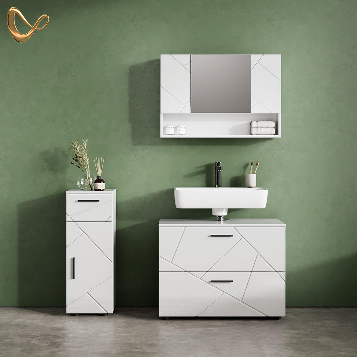 BADMÖBEL-SET Ronco Weiß Hochglanz 3 Teile, mit Schubladenschrank und Midischrank - Weiß Hochglanz/Weiß, Holzwerkstoff (41/80/58cm) - Livinity®