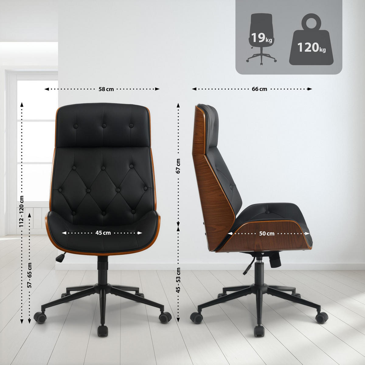 BÜROSTUHL Drayk walnuss/schwarz schwarz - Schwarz, Metall (58/120/66cm) - TPFLiving