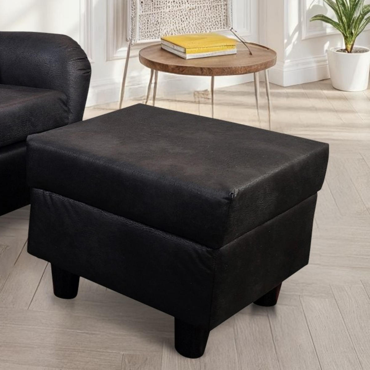 OHRENSESSEL mit HOCKER, hoher Sitzkomfort durch Wellenunterfederung B90/H98/T76 cm, Mikrofaser Leder-Optik Vintage Schwarz / 18007 - Schwarz, Holz/Textil (90/98/76cm) - luma-home
