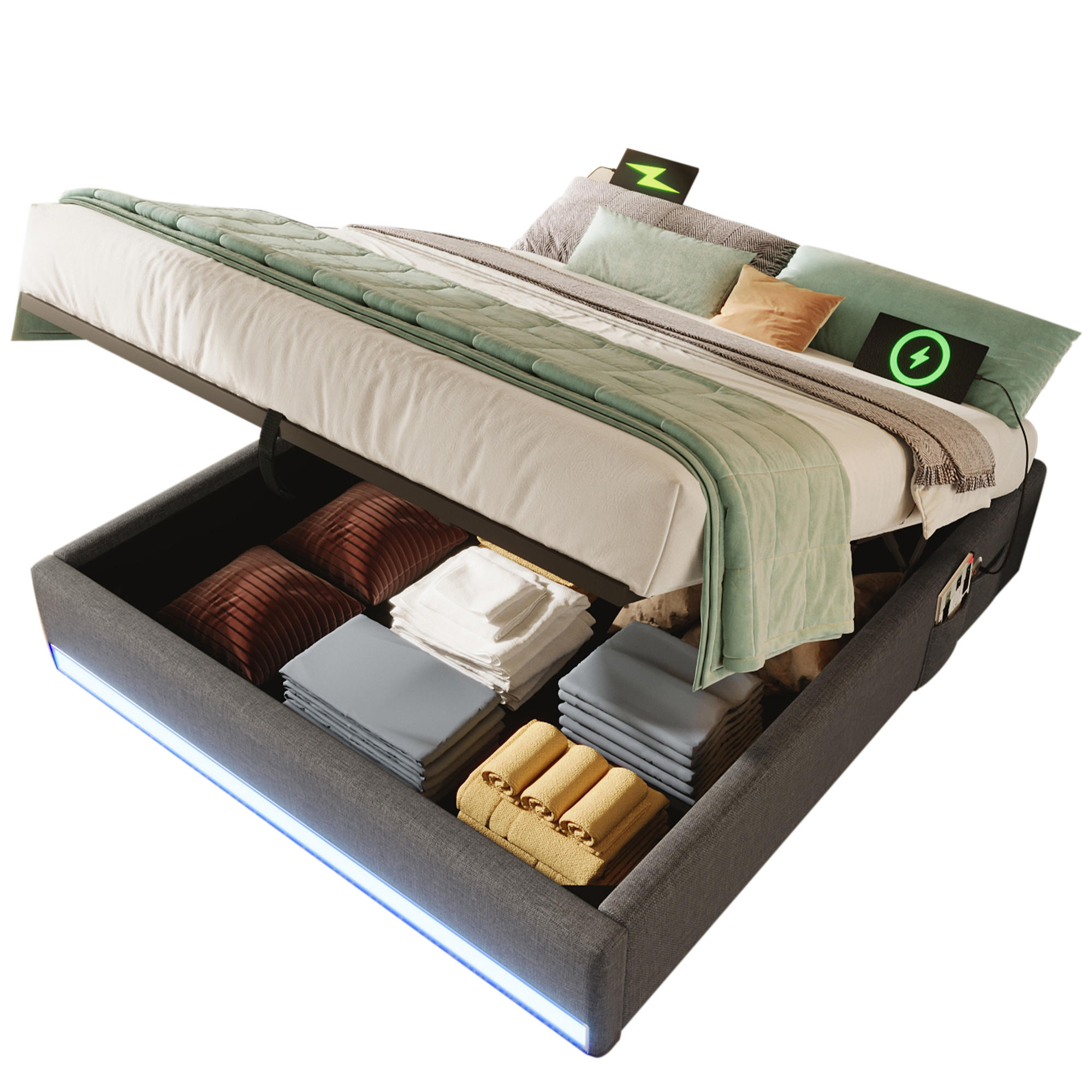 POLSTERBETT 140/200 cm Grau mit LED-Beleuchtung und USB-Anschlüssen - Grau, Textil (140/200cm) - OKWISH