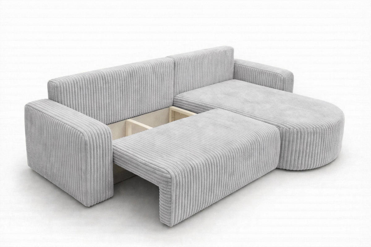 ECKSOFA Mit Schlaffunktion, Cordstoff Tilia, Grau, Rechts, ROUND ONE XL - Grau, Holz (271/175cm) - Kaiser Möbel