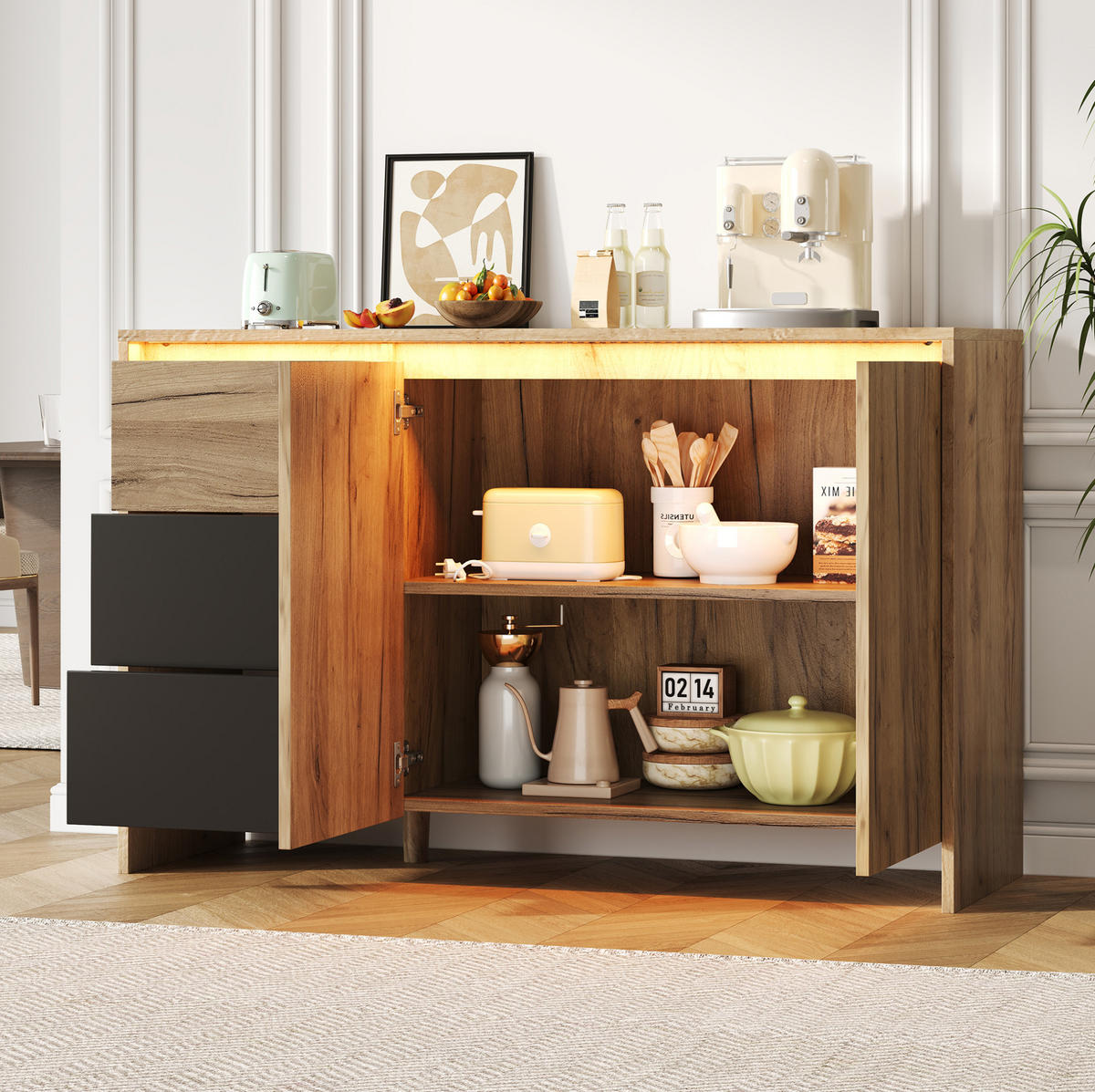 SIDEBOARD aus Spanplatte 105x40x76 cm Natur/Schwarz mit LED-Beleuchtung, 3 Schubladen und 2 Türen - Schwarz, Holzwerkstoff (120/76/40cm) - Modfu
