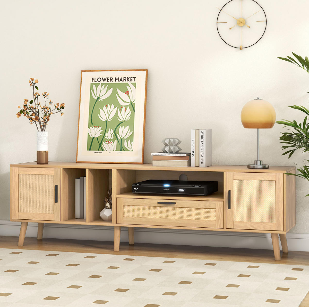 LOWBOARD 180 cm in Eichefarben mit Rattan-Optik, 2 Türen und Kabelmanagement - Eichefarben, Holzwerkstoff (180/54/40cm) - Flora Grace