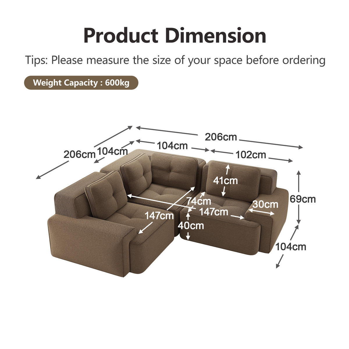 3-SITZER Sofa 177x104x69 cm aus Cordstoff rahmenlos modular, braun - Braun, Textil (104/69/177cm)