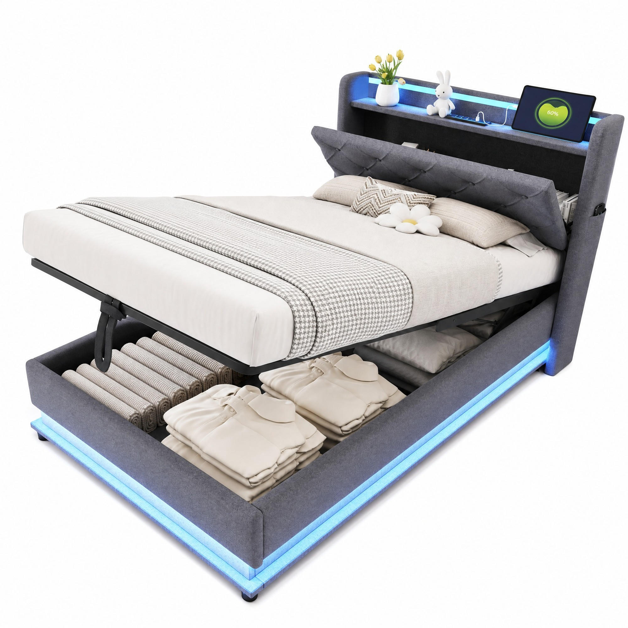 POLSTERBETT 90/200 mit Bettkasten, LED-Beleuchtung und USB-Anschlüssen in Grau - Grau, Holzwerkstoff/Textil (90/200cm) - EVRYAE