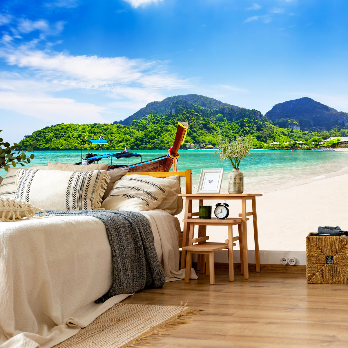 FOTOTAPETE für Schlafzimmer Boot Tropenstrand Palmen Meer 200x140 - Türkis/Blau, Papier (200/140cm) - Muralo