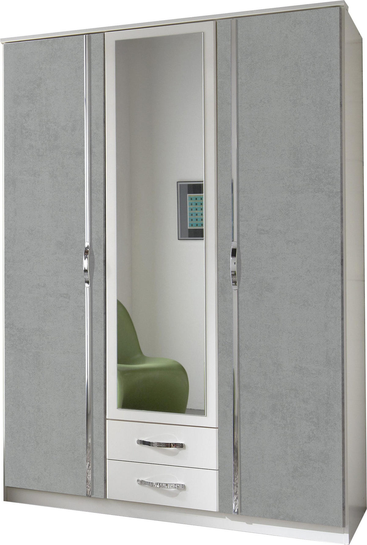 KLEIDERSCHRANK Duo in Weiß mit Beton mit Aufleistungen in Chrom 135x199x58 cm (BxHxT) – Drehtürenschrank 135 cm Breite - Weiß/Grau, Holzwerkstoff (120/200/80cm)