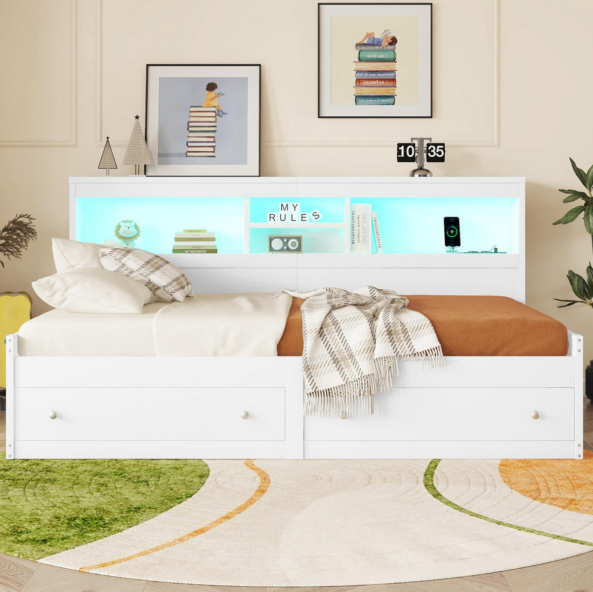ČALOUNĚNÁ postel s LED osvětlením, 90/200 cm bílá, s úložnými zásuvkami a USB - bílá, kompozitní dřevo (90/200cm) - BEAOK