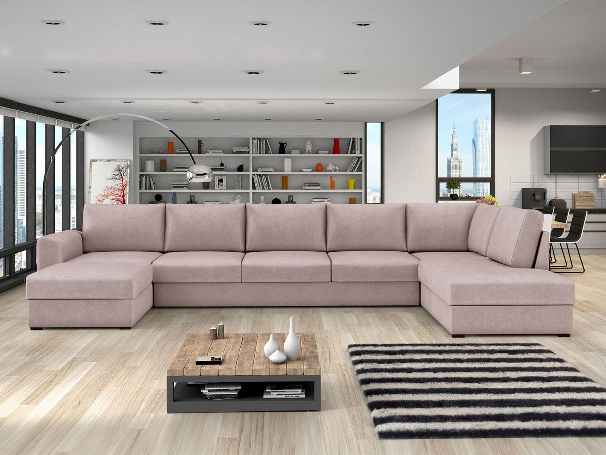 WOHNLANDSCHAFT Wilma Large Premium, Seite: Rechts - Hellrosa/Schwarz, Holz/Textil (370/85/186cm) - MIRJAN24