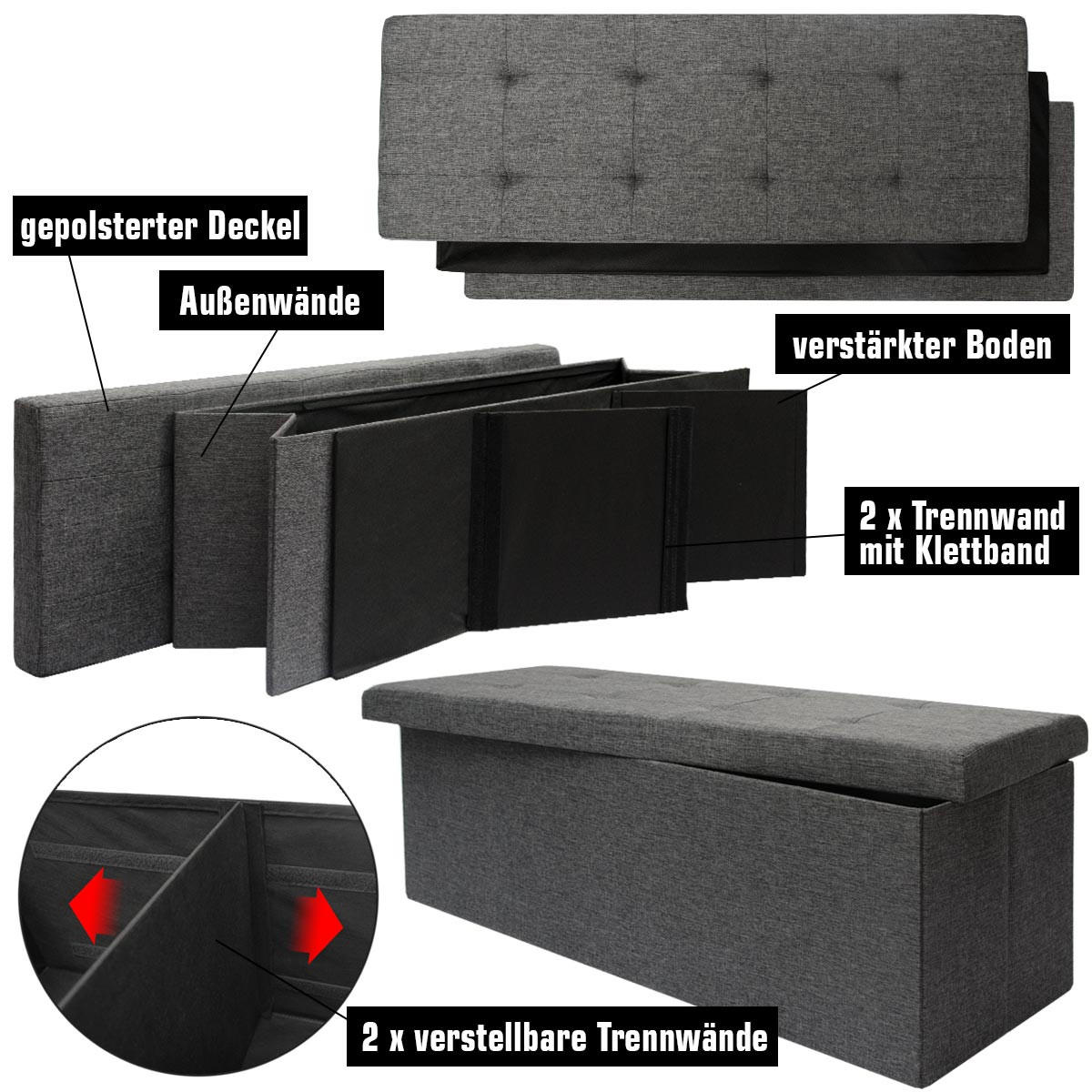 SITZBANK Faltbar, 110/38/38 cm, mit 2 Trennwänden, 120 Liter, Grau - Grau, Kunststoff (110/38/110cm) - Dunedesign