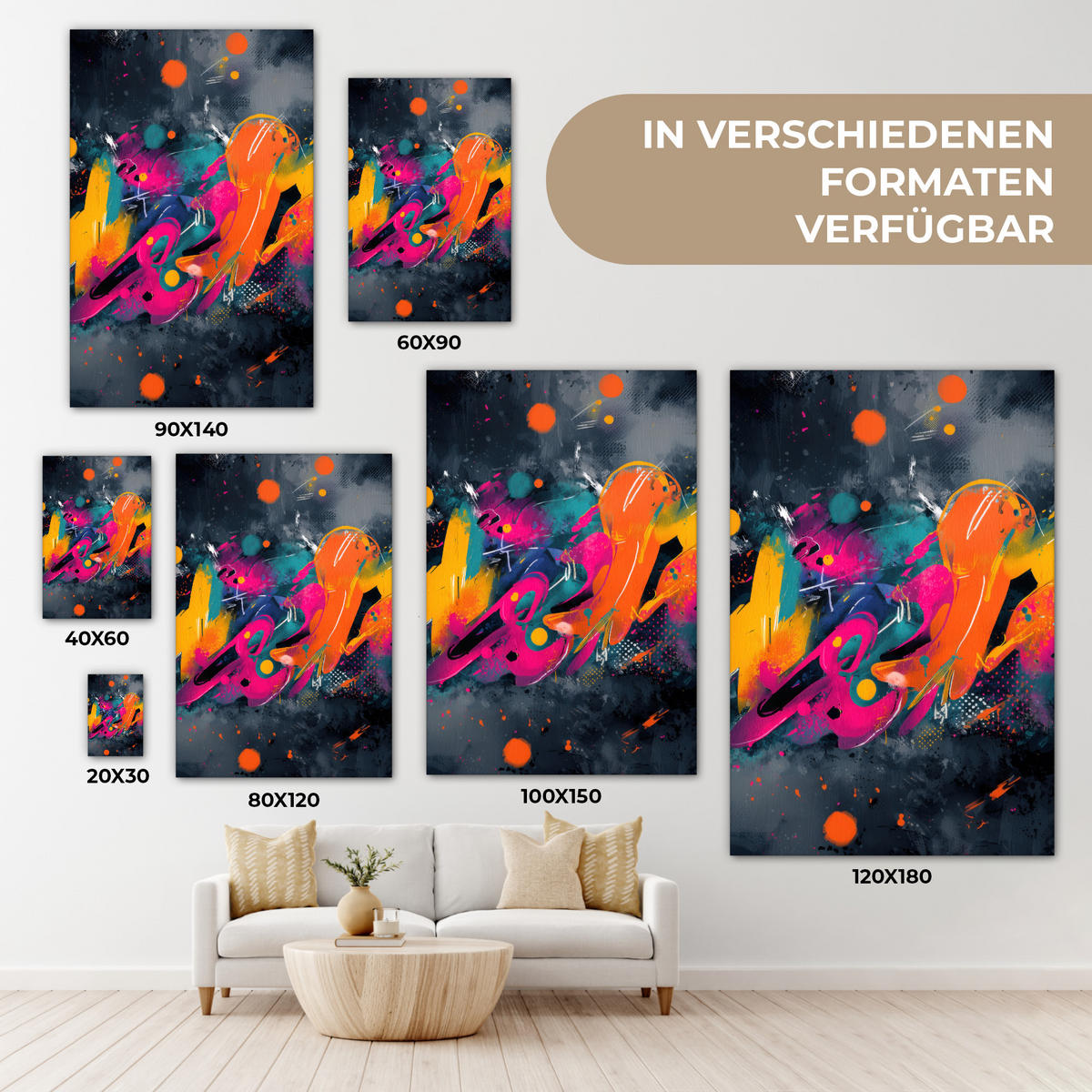 LEINWANDBILD Abstrakt - Graffiti - Farbenfroh - Farbspritzer Deko Groß 90x140 cm - Multicolor, Textil (90/140cm) - MuchoWow