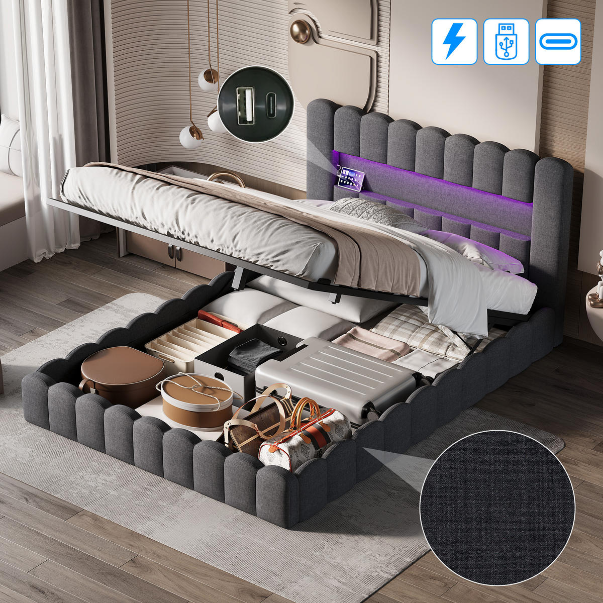 STAURAUMBETT 160x200 cm Doppelbett, mit USB-Anschluss und LED-Beleuchtung, Leinenstoff, Grau - Grau, Holz (160/200cm) - BRILVERDE