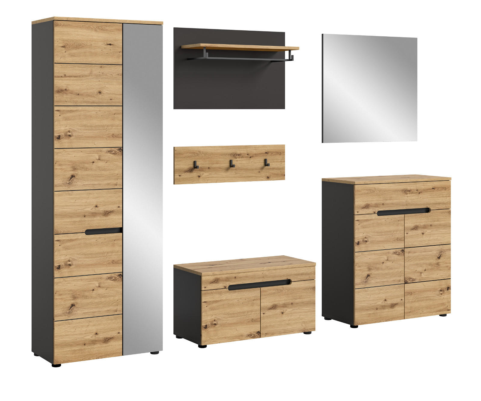 GARDEROBE Set 6-teilig Eiche Artisan und grau 255 cm mit Soft-Close - Schwarz/Eiche Artisan, Glas/Holzwerkstoff (255/190/37cm) - Inn.Furn