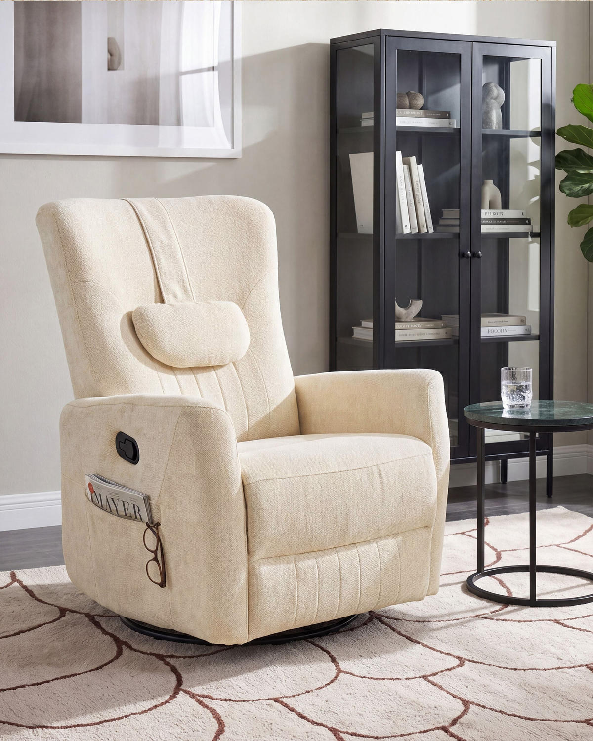 SCHAUKEL-FERNSEHSESSEL drehbar Chenillegewebe Hellbeige Rea - Beige/Schwarz, Textil/Metall (85/102/107cm) - Beliani