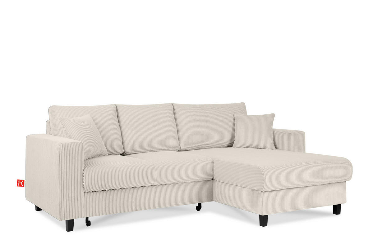 ECKSCHLAFSOFA EGRET Rechts mit Bettkasten, Cord-Stoff, cremefarben - Creme, Textil (234/90cm) - KONSIMO®