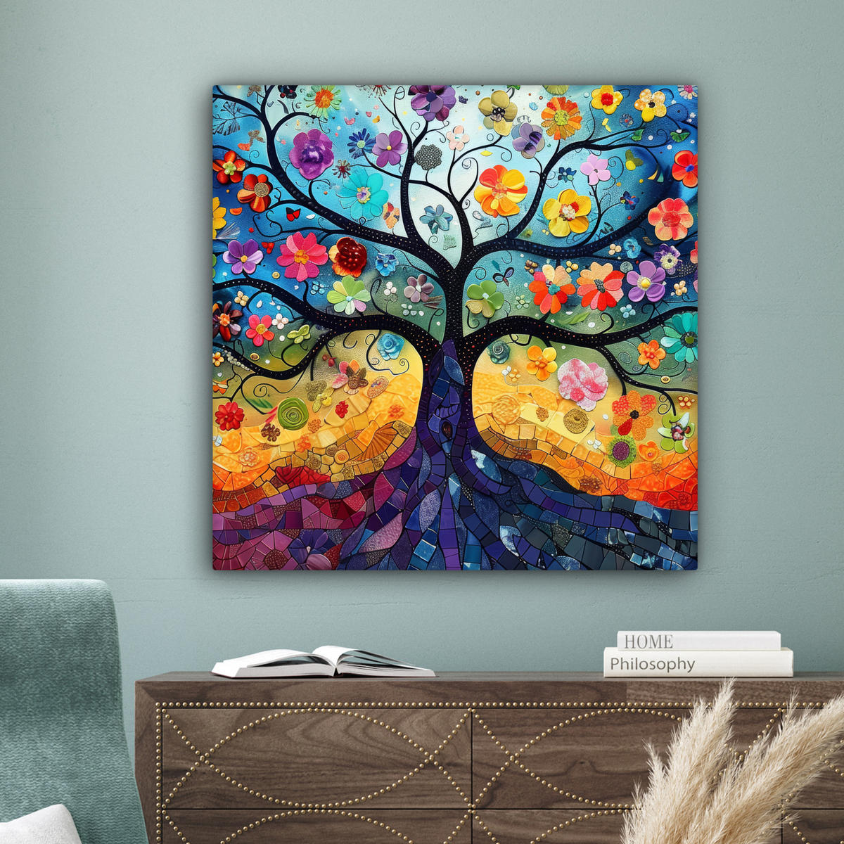LEINWANDBILD Kunst - Baum des Lebens - Blumen - Hippie Deko Groß 90x90 cm - Dunkelblau, Textil (90/90cm) - MuchoWow