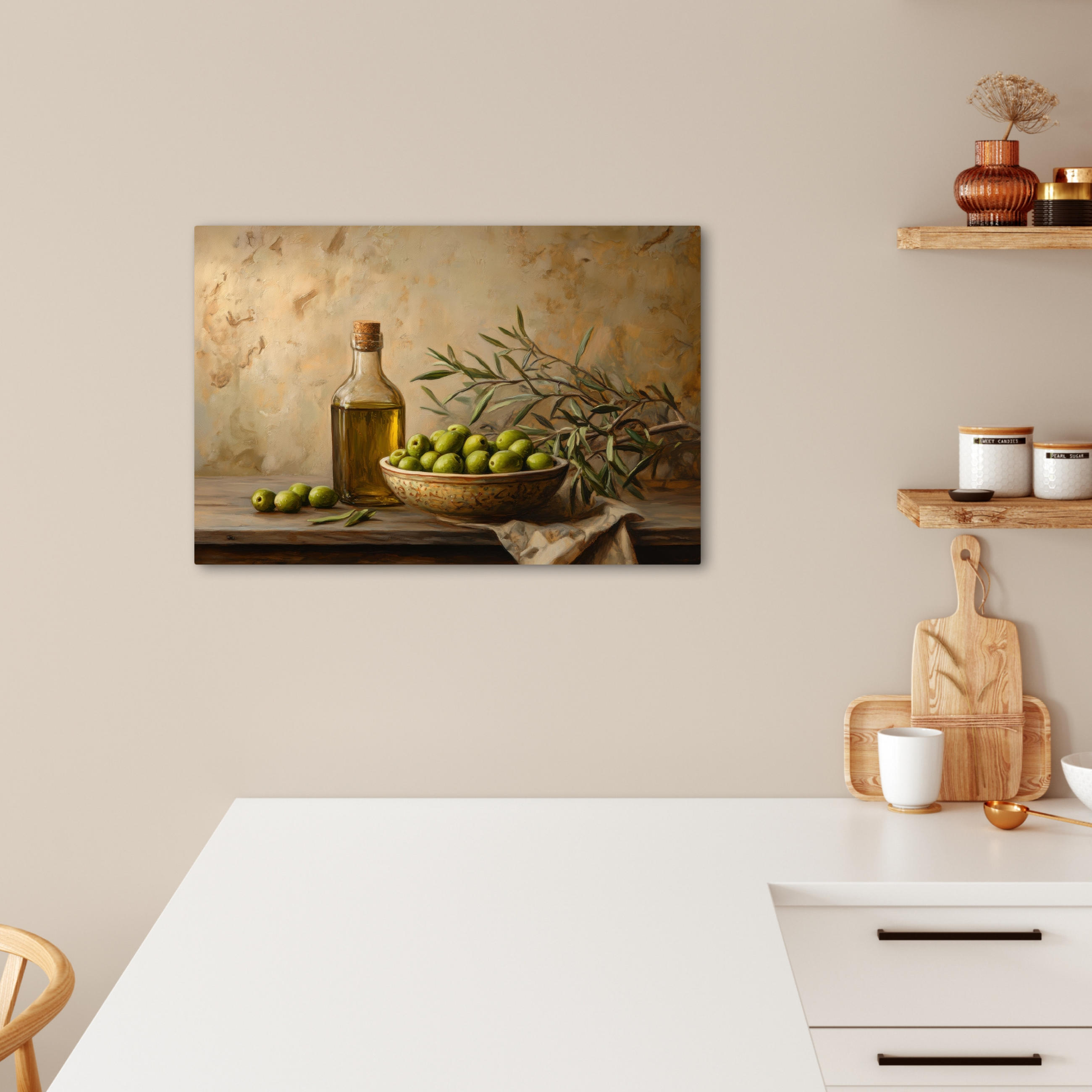 LEINWANDBILD Oliven - Stilleben - Vintage Gemälde 60x40 cm - Olivgrün, Textil (60/40cm) - MuchoWow