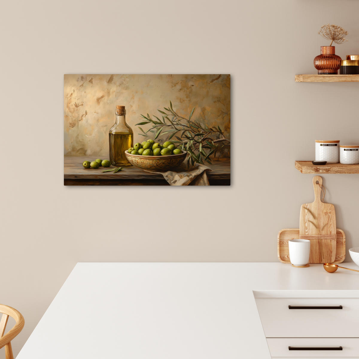 LEINWANDBILD Oliven - Stilleben - Vintage Gemälde 60x40 cm - Olivgrün, Textil (60/40cm) - MuchoWow