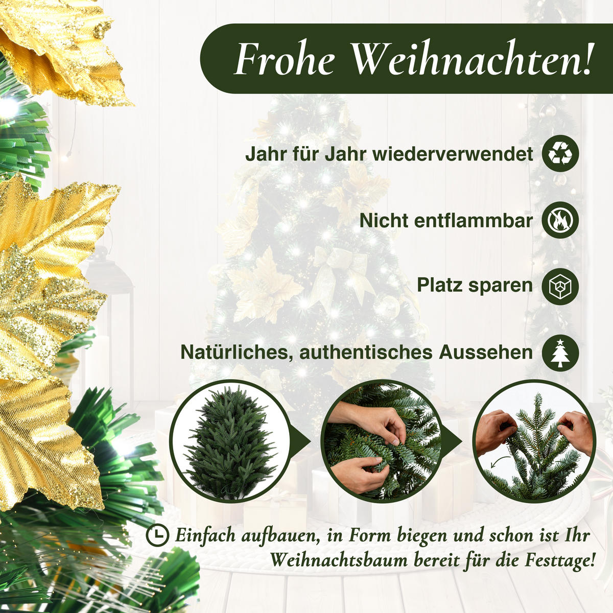 GLASFASER Weihnachtsbaum 120 cm mit 139 LEDs & Golddeko - Grün, Kunststoff (120cm) - Hometopia
