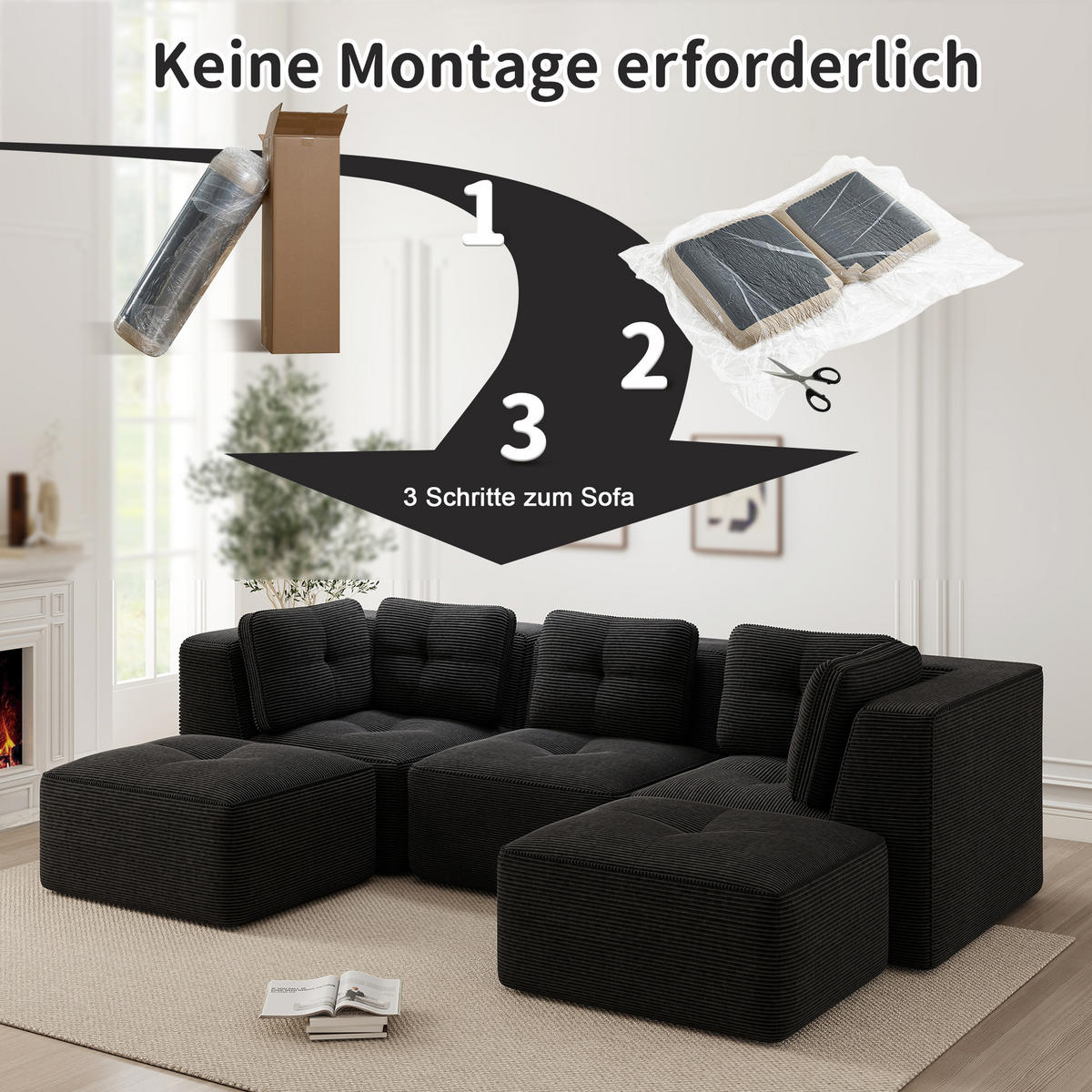 3-SITZER mit tiefer Sitzfläche und Cordstoff - Schwarz, Textil (297/69/177cm) - EVRYAE