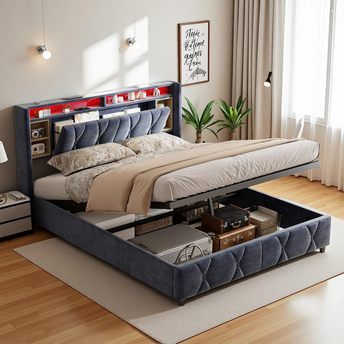POLSTERBETT 160x200 cm LED Bettkasten USB Samt grau - Grau, Holz (160/200cm) - LEBENLANG
