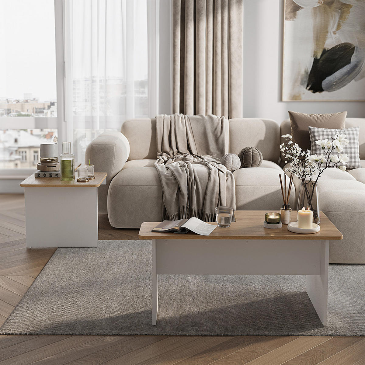 COUCHTISCH-SET Duvo, Goldkraft Eiche/Weiß, 135 x 50 cm 2er Set - Honigeiche/Weiß, Holzwerkstoff (50/135/42cm) - Vicco