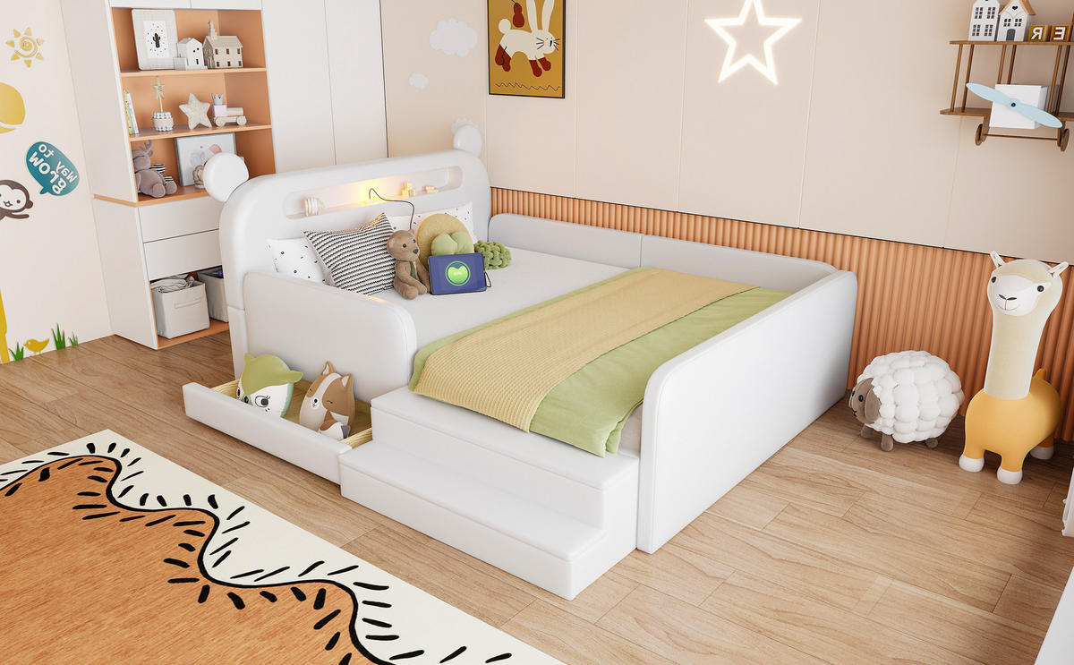 KINDERBETT 140/200 cm in Weiß mit Bettkasten, Nachtlicht und USB - Weiß, Holzwerkstoff/Textil (140/200cm) - CHICFURN