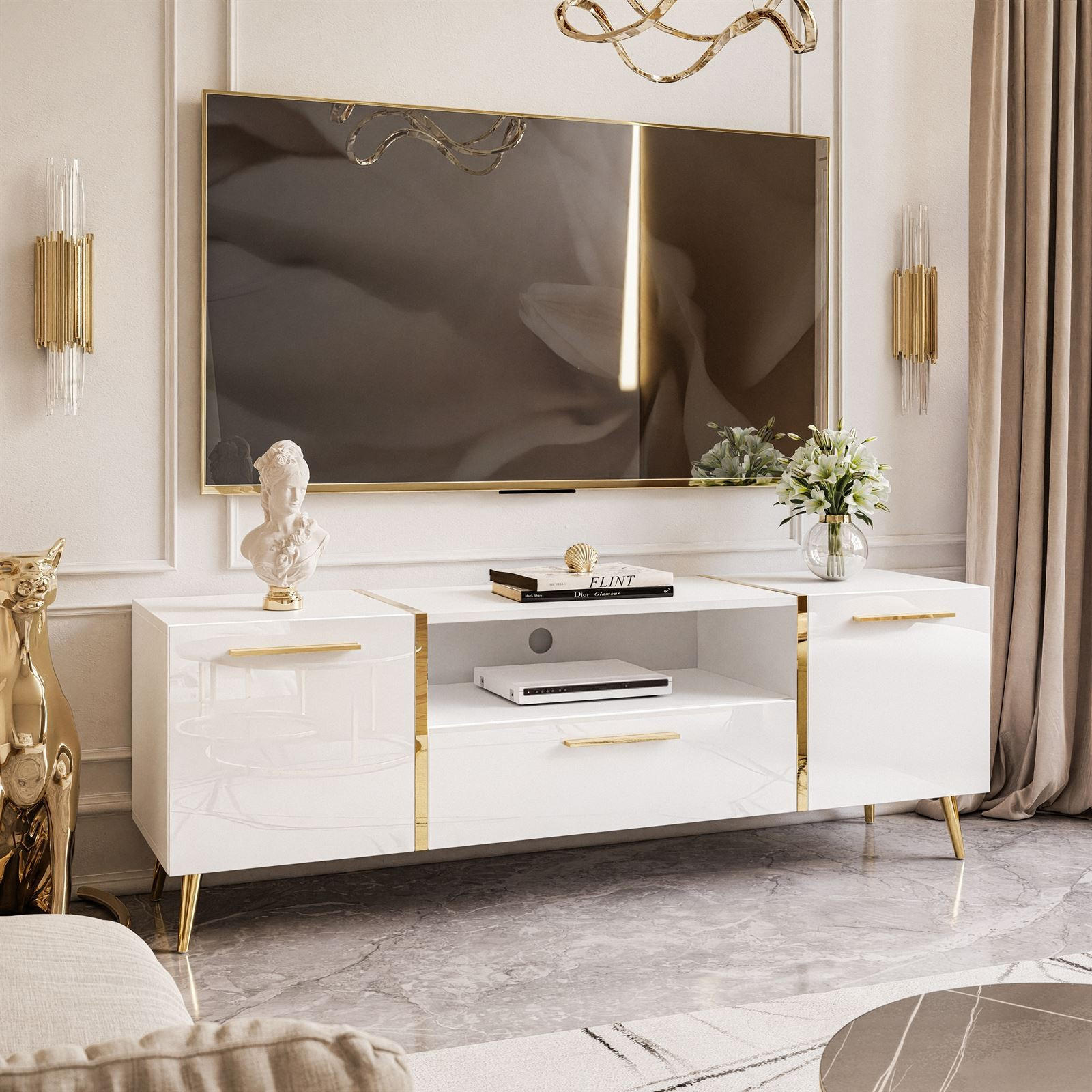 TV-ELEMENT ONYX AUF GOLDENEN BEINEN HOCHGLANZ 158 CM - Weiß, Holzwerkstoff (158/53/41.3cm) - Lookway