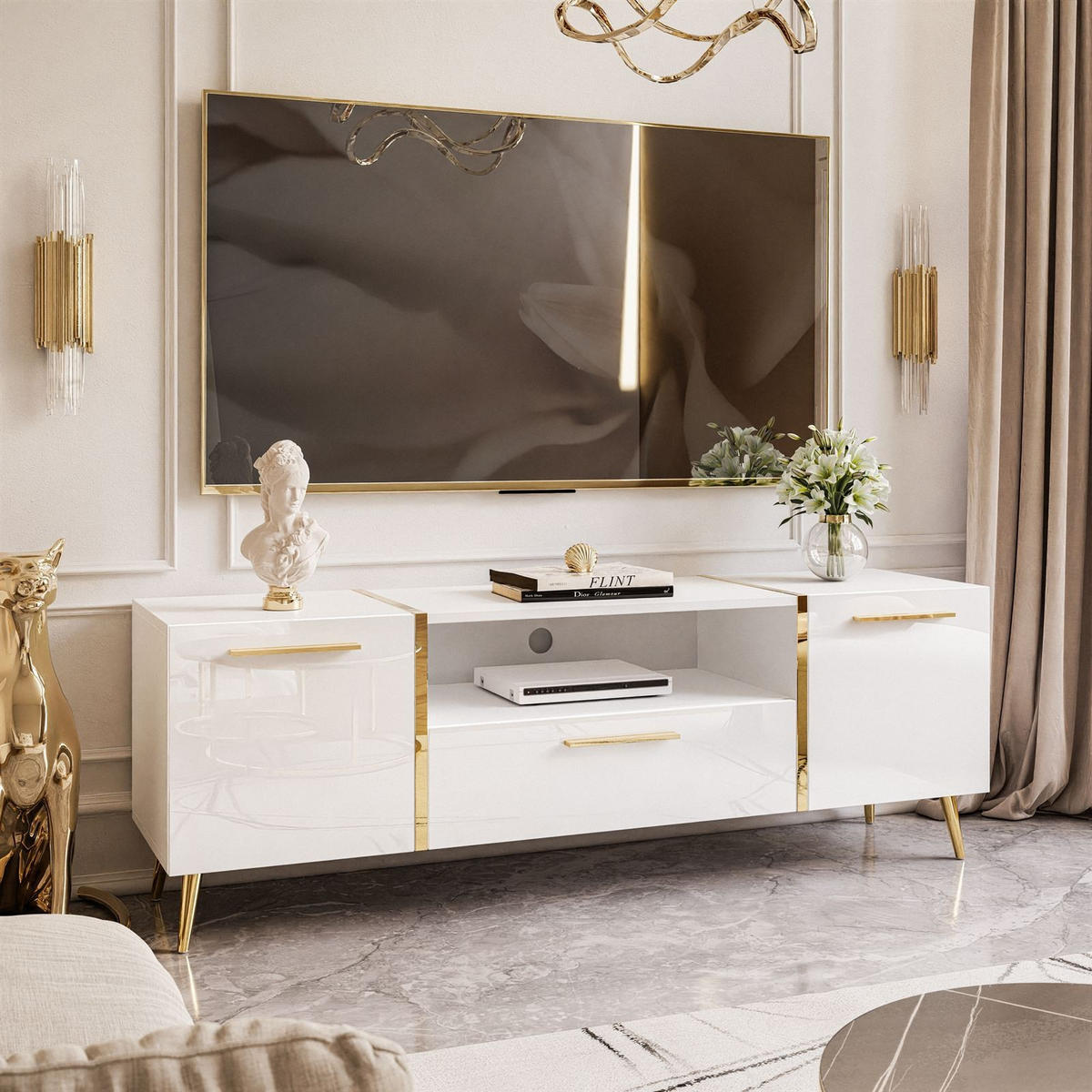 TV-ELEMENT ONYX AUF GOLDENEN BEINEN HOCHGLANZ 158 CM - Weiß, Holzwerkstoff (158/53/41.3cm) - Lookway