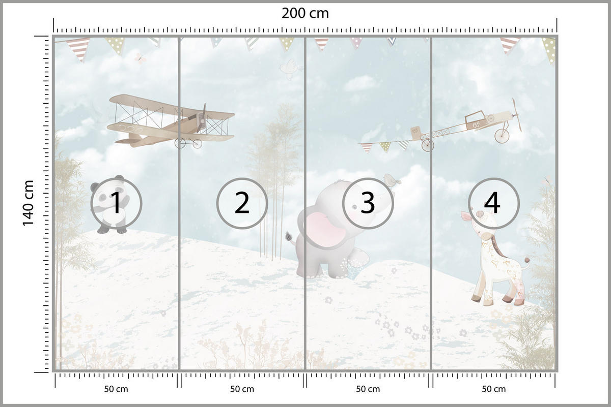 FOTOTAPETE für Kinderzimmer Boho Elefant Panda Giraffe Pflanze Flugzeug 200x140 - Multicolor, Papier (200/140cm) - Muralo