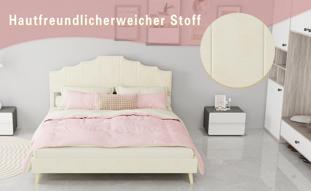 POLSTERBETT 160/200 cm mit Matratze, geometrischem Kopfteil und Lattenrost, Beige - Beige, Textil (160/200cm) - Redom
