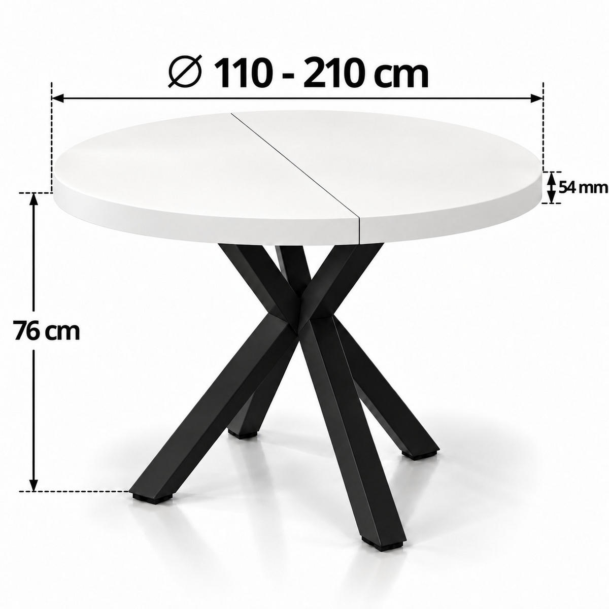 ESSTISCH rund ausziehbar 110/210/76 cm, Weiß, 54 cm Tischplatte + X Metallbeine Schwarz - Schwarz/Weiß, Holzwerkstoff/Metall (110/210/76cm) - Damale Möbel