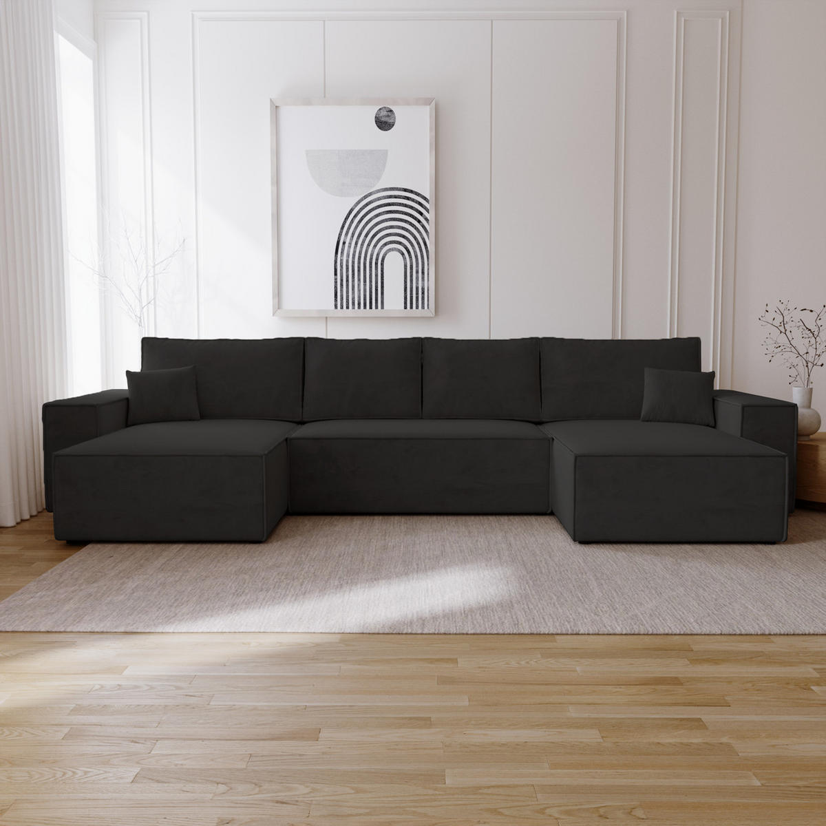 ECKSOFA 380 cm Bergamo U mit Bettkasten, Samt, Schwarz - Schwarz, Holz (377/189cm) - Emporius