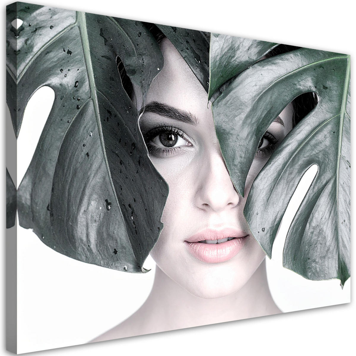 LEINWANDBILD Porträt einer Frau und Monstera-Blättern 100x70cm - Grau, Textil (100/70cm) - Feeby