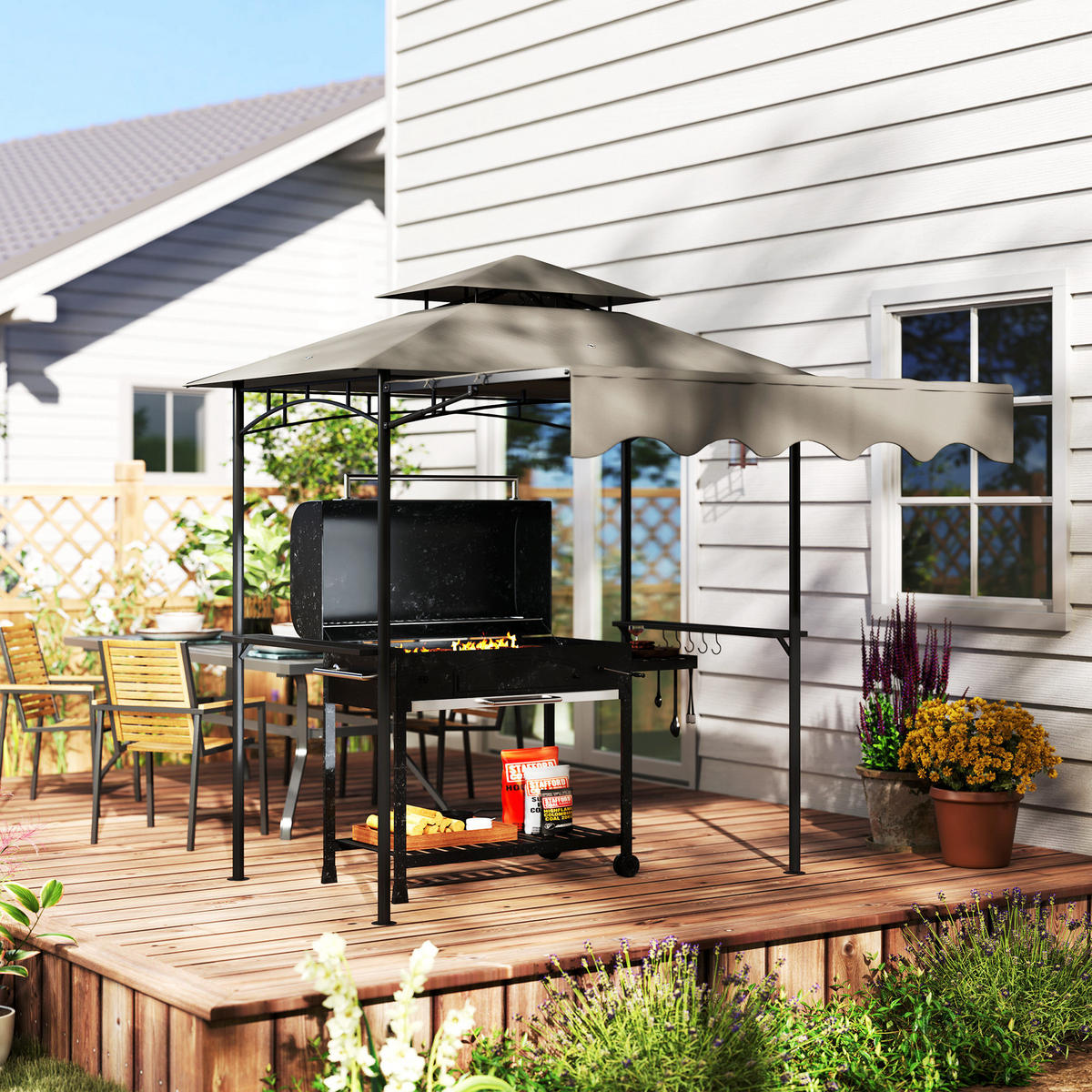 GRILLPAVILLON 242x232x248 cm wasserabweisend flammhemmend Gartenpavillon mit Doppelschichtdach Grau - Grau, Metall (242/248/232cm)