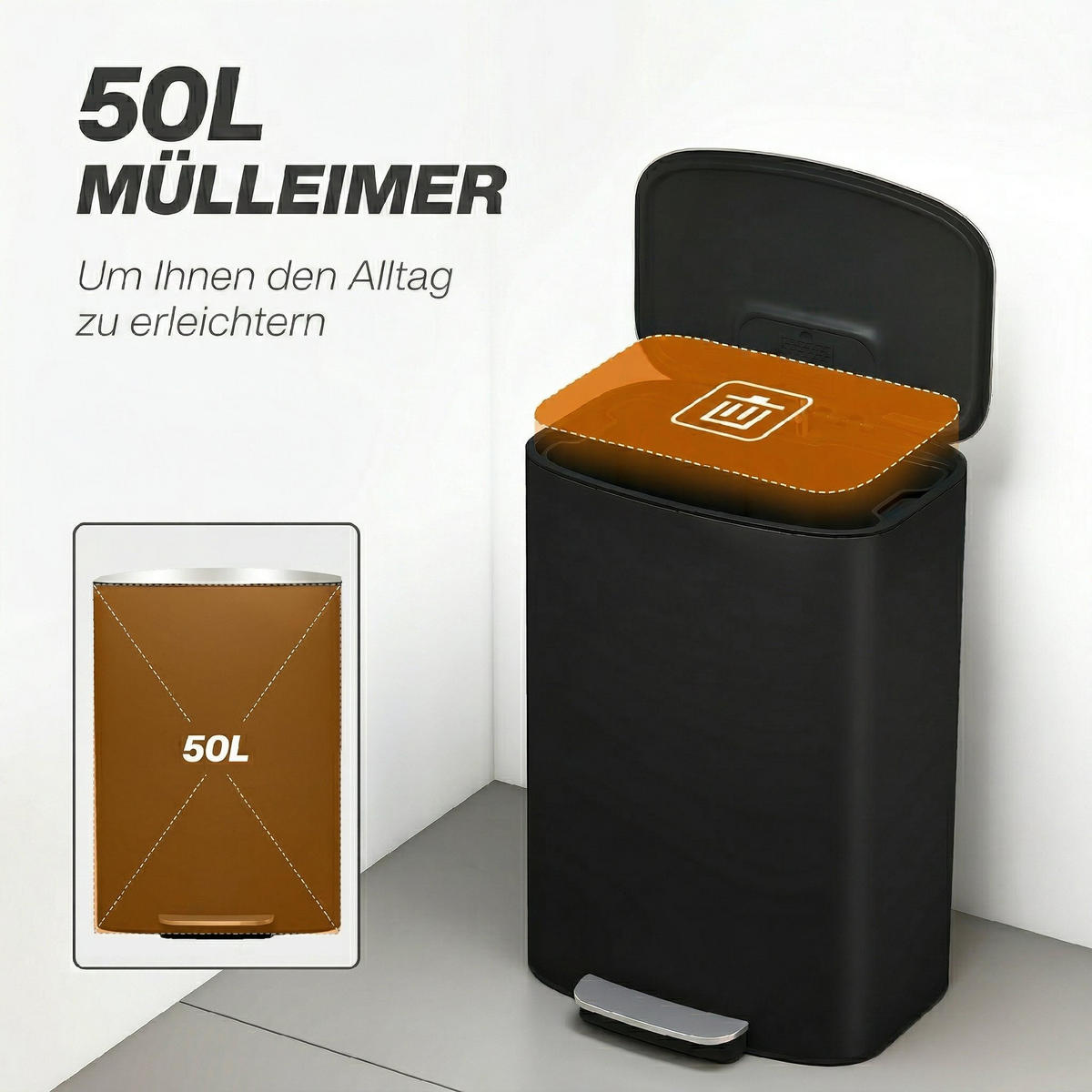MÜLLEIMER Schwarz 45.1/36.5/62.2 cm - Schwarz, Metall (36.5/62.2/45.1cm) - HOMCOM