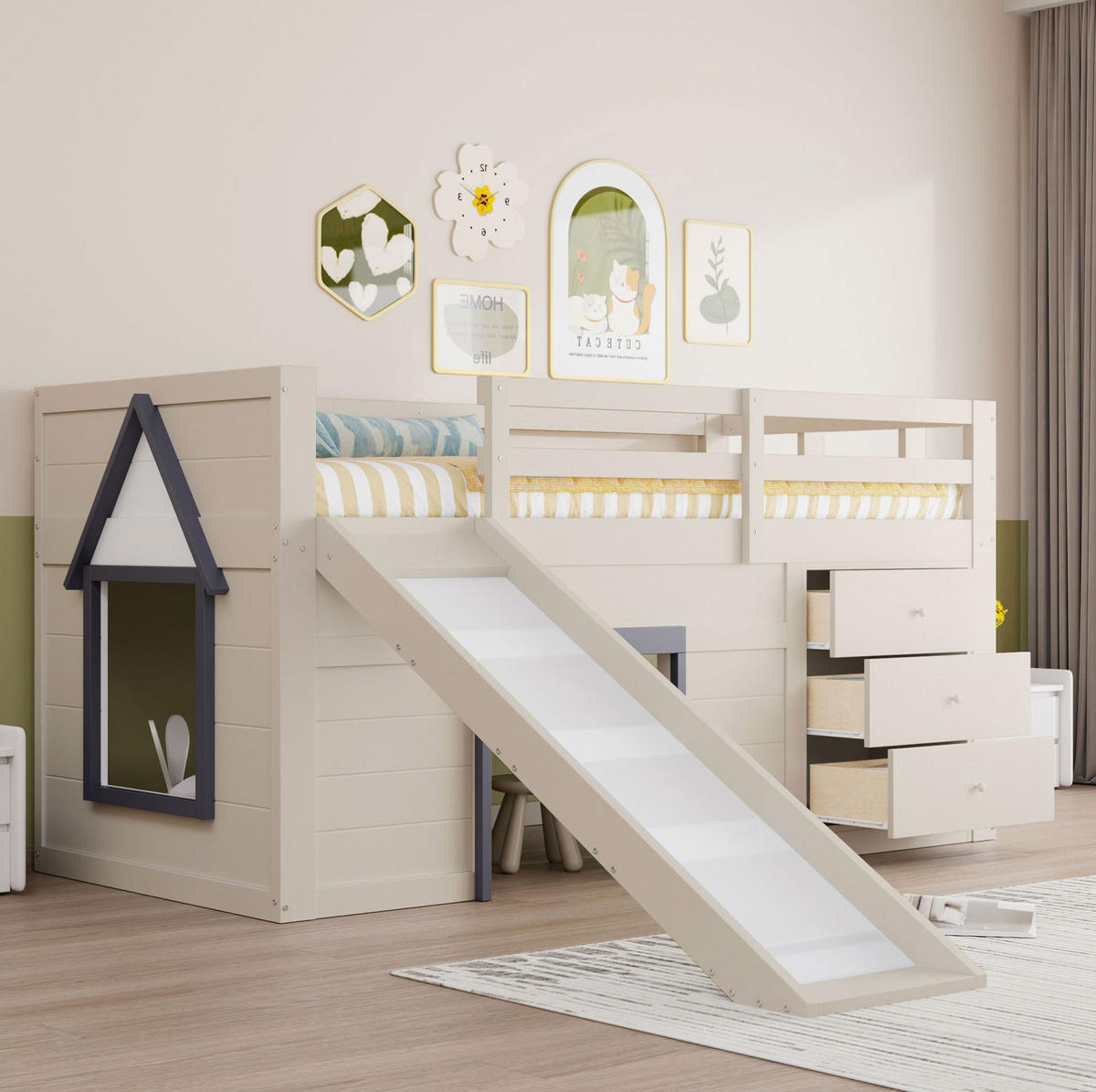 VISOKA postelja 90/200 cm krem iz MDF in bora s toboganom ter 3 predali in 2 vrati - bela, leseni material (90/200cm) - OKWISH