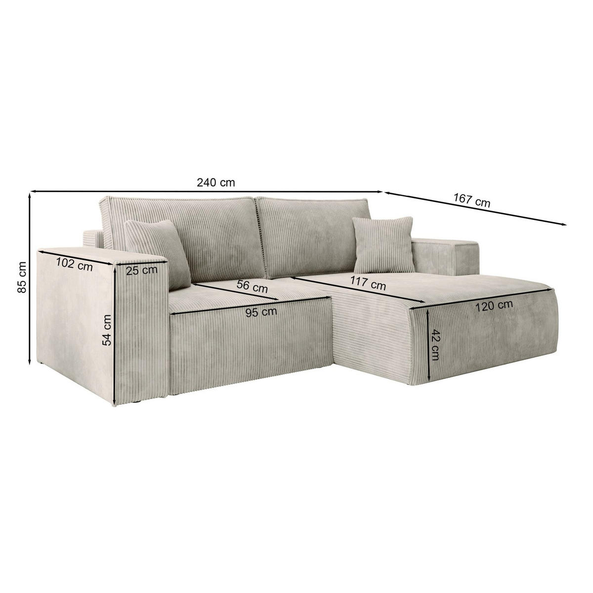 ECKSOFA Farese Mini mit Cordbezug Mauve, links - Flieder/Schwarz, Textil (240/167cm) - Selsey