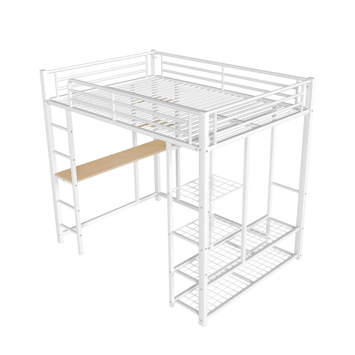 HOCHBETT 140/200 cm weiß aus Metall mit Schreibtisch und Kleiderstange - Weiß, Metall (140/200cm) - OKWISH