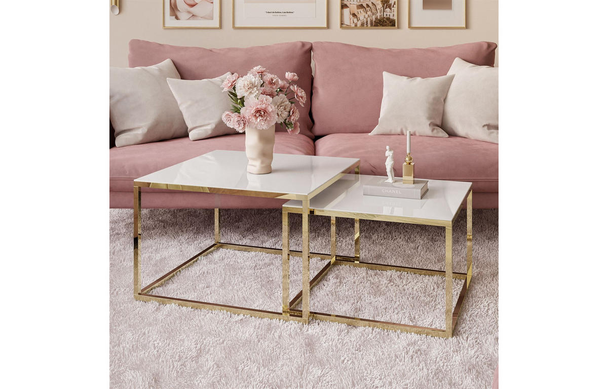 COUCHTISCH YOSHI 2in1 70/70/41 cm Gold chrom / Weißes Glas - Weiß, Glas/Metall (70/70/41cm) - Lookway