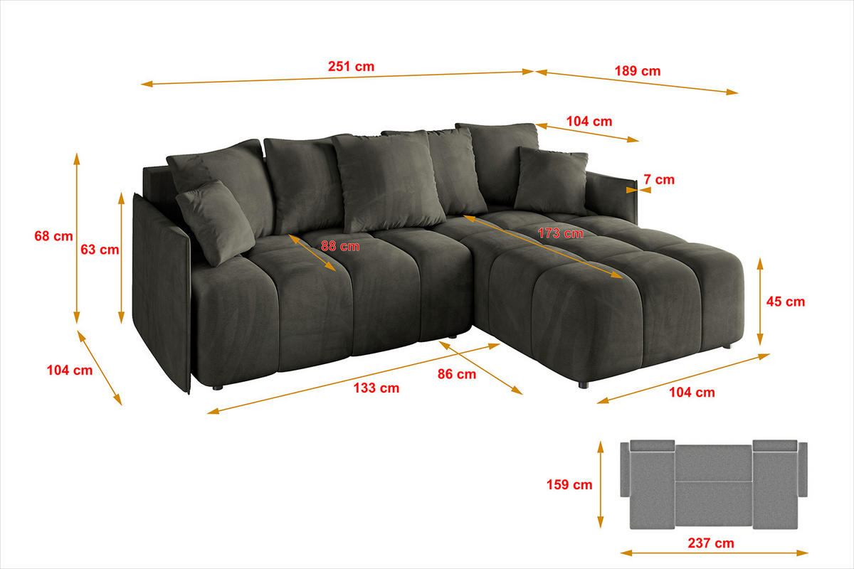 ECKSOFA Ottomane rechts LONLI-L 251x189x68 Schwarz Velours - Schwarz, Holzwerkstoff/Kunststoff (189/251cm) - ALTDECOR