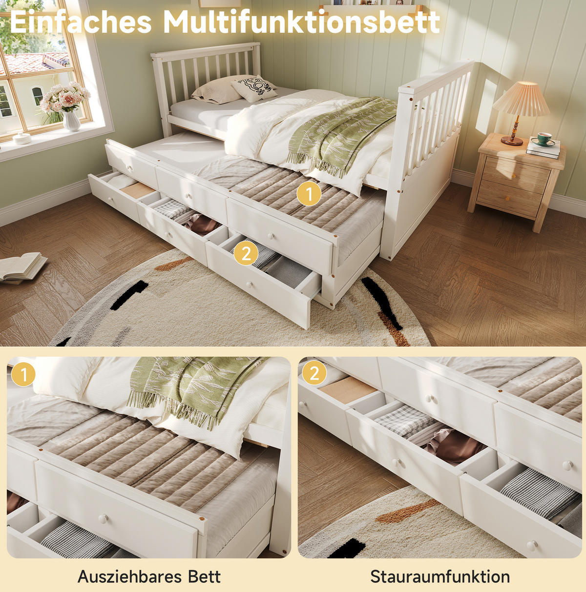 TAGESBETT 90/200 cm mit Ausziehbett, 3 Schubladen und rahmen, Weiß - Weiß, Holzwerkstoff (90/200cm) - Redom